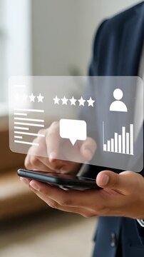 A businessman from Asia uses his smartphone to gather customer feedback and online reviews. He focuses on improving client satisfaction and service evaluation