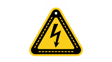 Yellow warning sign with lightning symbol black triangle isolated on a transparent background