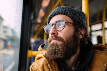 Content dark haired man gazing thoughtfully out the bus window during his morning commute Portrait of a bearded traveler