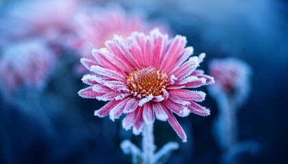 Obraz premium Macro Of A Single Pink Aster Flower Covered With Frost And Ice Dark Blue Background With Bokeh Other Blurred Flowers Taken On A Cold Autumn Morning