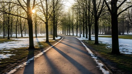 Fototapeta premium Sunlit path through a winter park with bare trees and melting snow creating long shadows at sunset.