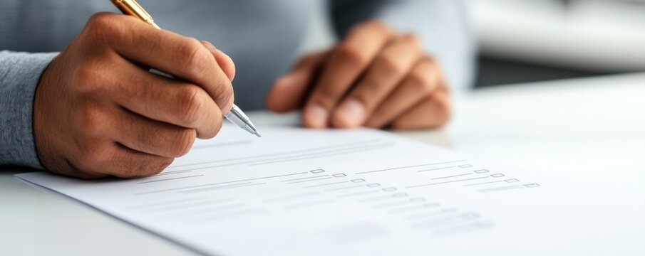 Close-up of hands writing on a form, implying an important decision or agreement. Document, Business, Legal, Writing, Pen, Form