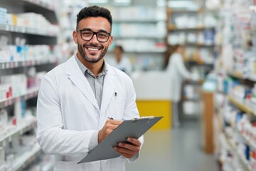 Smiling young Hispanic male pharmacist confidently holding a clipboard at a pharmacy