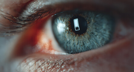 The eye of a person with a low battery sign on it, the image reflects an emotion of stress and tiredness.