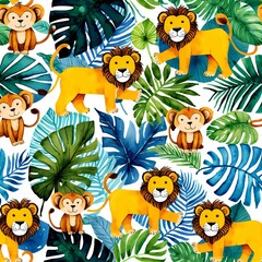 Naklejka premium Bright Jungle Wildlife Pattern With Lions, Monkeys, And Colorful Tropical Leaves For Design Projects