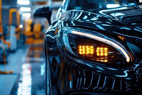 Images of car care featuring headlights and a power buffer at a service station