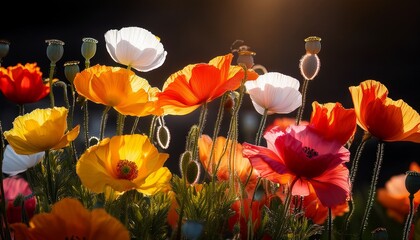 Vivid Sunlit Poppy Flowers In Orange Yellow Red Pink And White Against A Dark Background