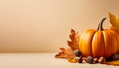 Pumpkin With Autumn Leaves And Acorns On Beige Background