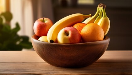 Rustic Bowl Filled With Apples Oranges And Bananas Sits On Wooden Table Evoking Warm And Inviting Atmosphere
