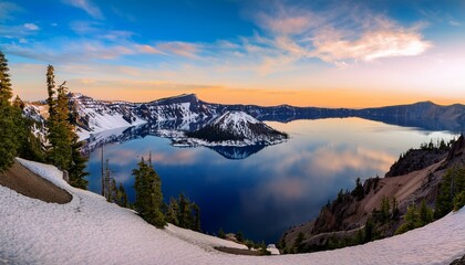 Scenic Crater Lake At Sunrise