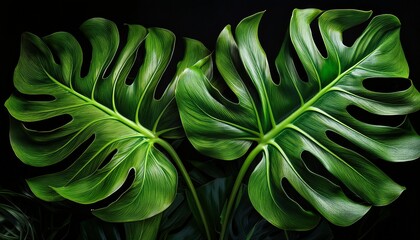 Vibrant Green Monstera Deliciosa Leaves Lush Tropical Foliage Against A Stark Black Backdrop Vibrant Vine