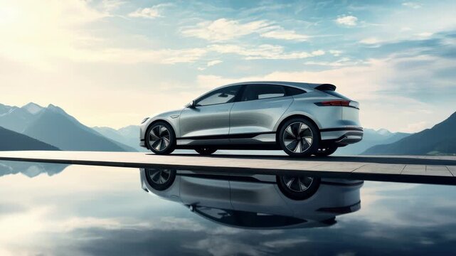 Sleek car on a reflective surface with mountains in the background, captured from a low side angle. Perfect for a futuristic travel video concept. Live desktop wallpaper.