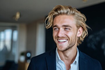 cheerful young blond businessman smiling confidently