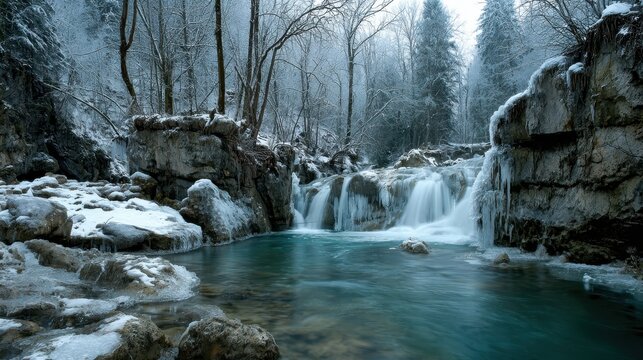 Bavarian winter landscape with a frozen stream and waterfall amid rocky snowy woods blue wallpaper