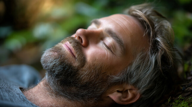 Bearded man with closed eyes lying and resting during pastime for pranayama breathing in nature environment, calm male yogi feeling mindfulness enlightenment during holistic healin