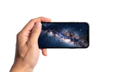 Hand holding a phone, showcasing a vibrant image of the Milky Way galaxy against a stark black background