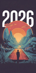 Retro-Futuristic 2026 Landscape Illustration with Silhouette and Sunset