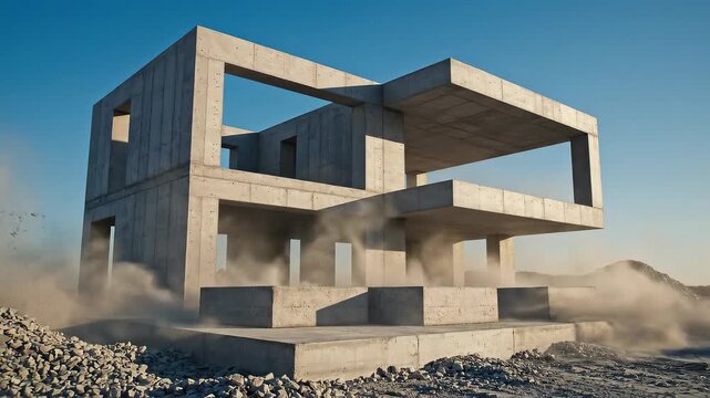 Conceptual concrete house construction assembling from blocks