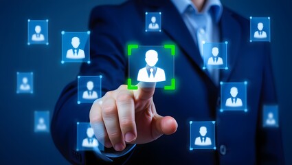 Fototapeta premium Targeting and personalization of customer communication. Marketing automation system. Marketer tapping a customer icon.