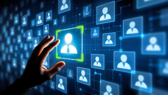 Targeting and personalization of customer communication. Marketing automation system. Marketer tapping a customer icon.