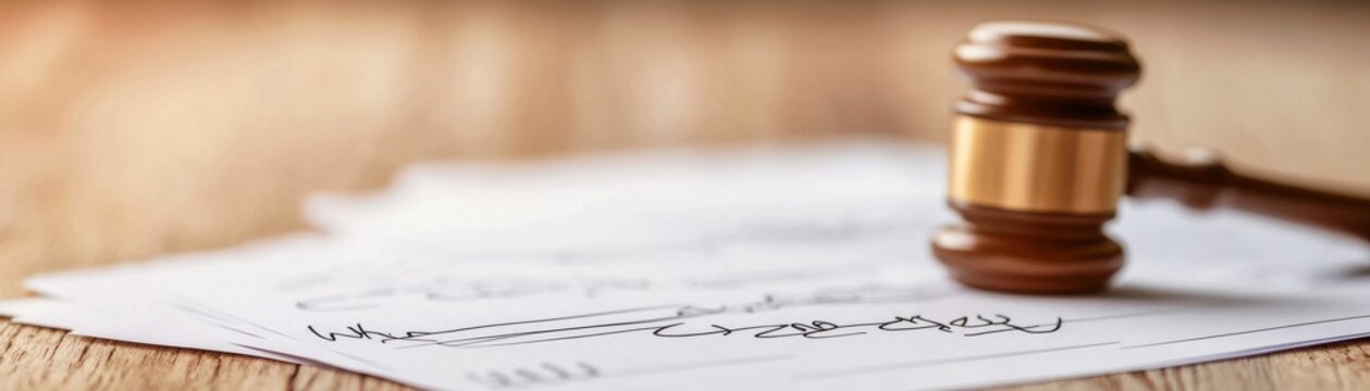 Gavel on handwritten documents, courtroom symbolism, legal judgment, justice, law, court, decision