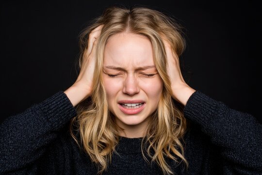 A distressed young blonde woman appears angry crying and defensive showing signs of sadness and confusion all against a black background