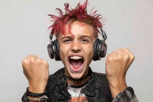 Joyful rebellious teenage boy with headphones alone against a white backdrop Happy youth singing to music Expressive punk goth style portrait of a music loving teen