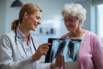 Female physician reviews digital shoulder x ray on tablet with elderly patient in clinic