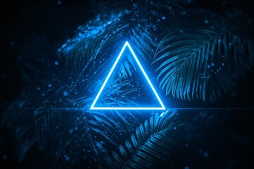 Glowing blue triangle on dark tropical leaf background with neon light