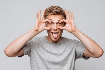Young blond man in a casual t shirt makes a binocular gesture with his hands tongue out and a wild expression
