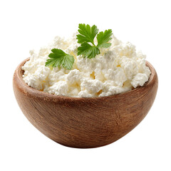 Creamy Cottage Cheese in Wooden Bowl isolated on transparent background.