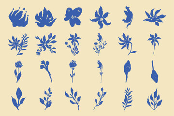 Blue Silhouette Floral and Leaf Elements flower