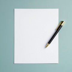 Minimalist Top-Down View Blank White Paper and Elegant Black Pen on Teal Background, Ready for Ideas. Writing, Creativity