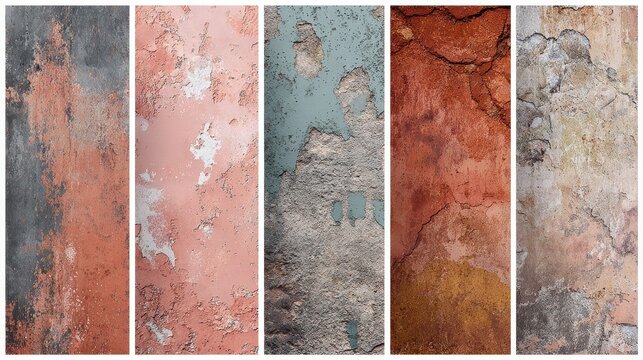 Collection of wide panoramic textures featuring weathered surfaces like peeling paint cracks rust stone and concrete Assortment of light backgrounds for design