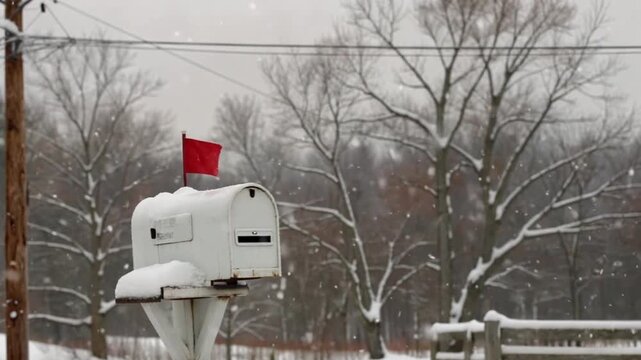 Mailbox in Winter Wonderland: A picturesque winter scene of a snow-covered mailbox with its red flag raised, signaling a delivery or a message in a snowy landscape.