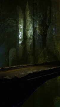 Radiant underground chamber featuring hanging mineral structures, Brightly lit underground grotto adorned with stalactite formations and mineral drips
