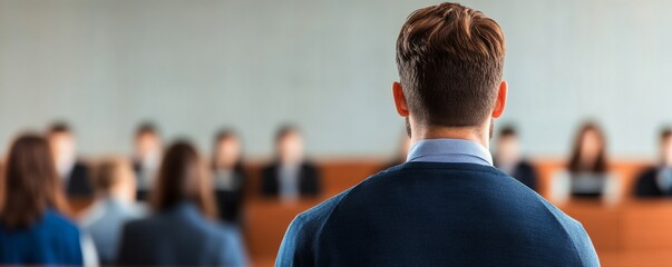 Speaker addressing audience, focus on back of head, blurred people in background, conference, presentation, speech, leadership