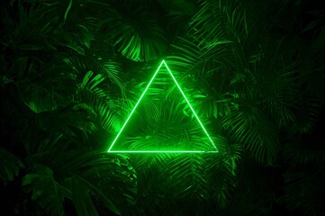 Vibrant green neon triangle amidst lush tropical foliage