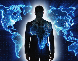 Silhouette of a person against a world map made of lights and digital patterns representing global connections