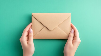 Fototapeta premium Top View of Hands Holding Kraft Paper Envelope on Teal Background, Communication Concept, Stationery, Message, Post, Mail, Sending