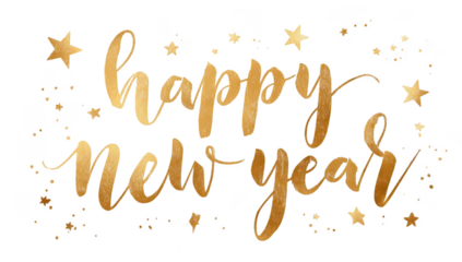 happy new year lettering calligraphy design with golden stars on a white background
