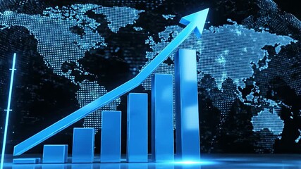 Dynamic 3D animation illustrating global financial growth and business success with an upward trending bar chart and arrow over a digital world map symbolizing international market expansion and data. - Powered by Adobe