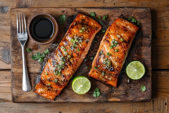 Top view of lemon lime stuffed fried Arctic char with pickled ginger and soy sauce on a cutting board with cutlery Healthy seafood recipe for Salvelinus alpinus