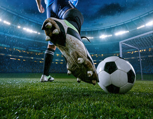 Exciting soccer match happening at a nighttime stadium with rain and intense atmosphere