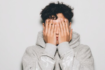 Unhappy young Asian man hiding his face with his hands while gazing at the camera