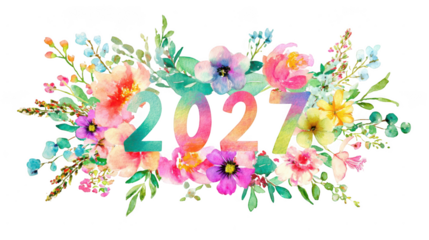 2027 in a colorful arrangement of various flowers and leaves