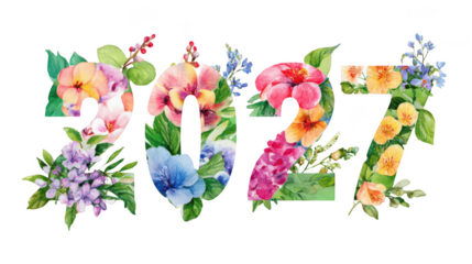 2027 in a colorful arrangement of various flowers and leaves