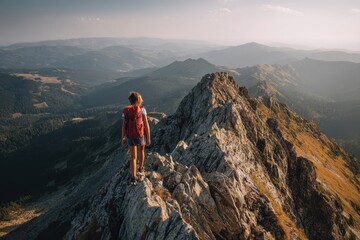 Fototapeta premium Mountain girl Climber traverses rocky ridge Female mountain climber Idea of mountain exploration and hiking