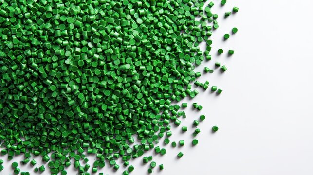 Cold cut plastic granules colored for product catalog design in the plastics industry set against a white background