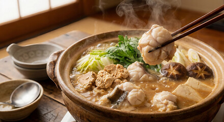 湯気立つ土鍋のあんこう鍋、箸で持ち上げたあんこうが食欲をそそる冬の味覚